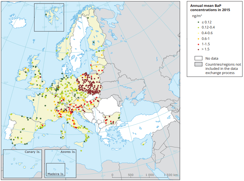 Concentrations of benzo[a]pyrene in Europe in 2015