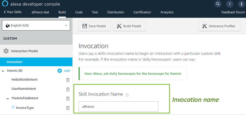 Configuration of invocation name in the Alexa developer console